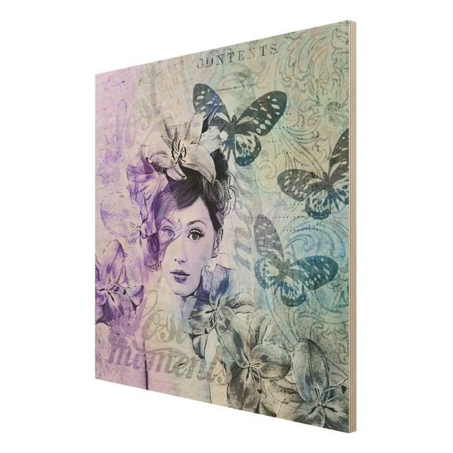 Houten schilderijen Shabby Chic Collage - Portrait With Butterflies