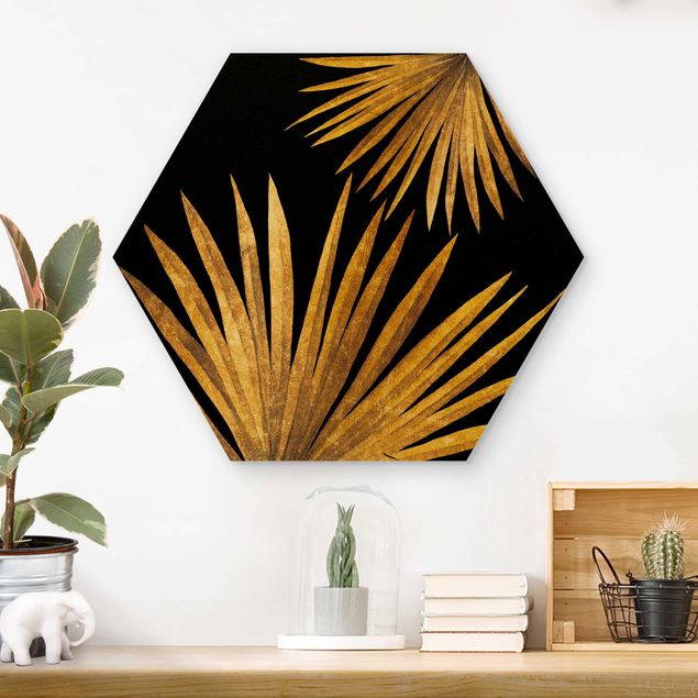 Hexagons houten schilderijen Gold - Palm Leaf On Black