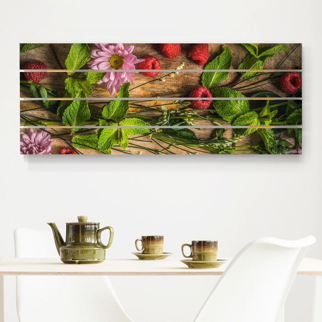 Houten schilderijen op plank Flowers Raspberries Mint