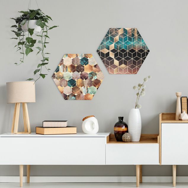 Hexagons Forex schilderijen - 2-delig Turquoise Geometry Golden Art Deco Set