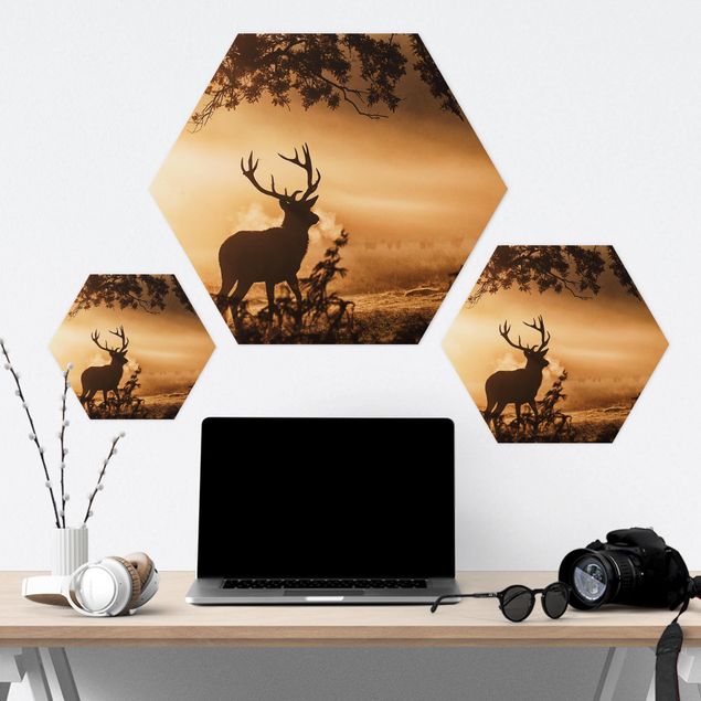 Hexagons Aluminium Dibond schilderijen Deer In The Winter Forest