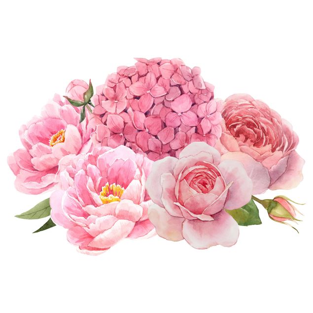 Muurstickers Watercolour Hydrangea Rose Bouquet XXL