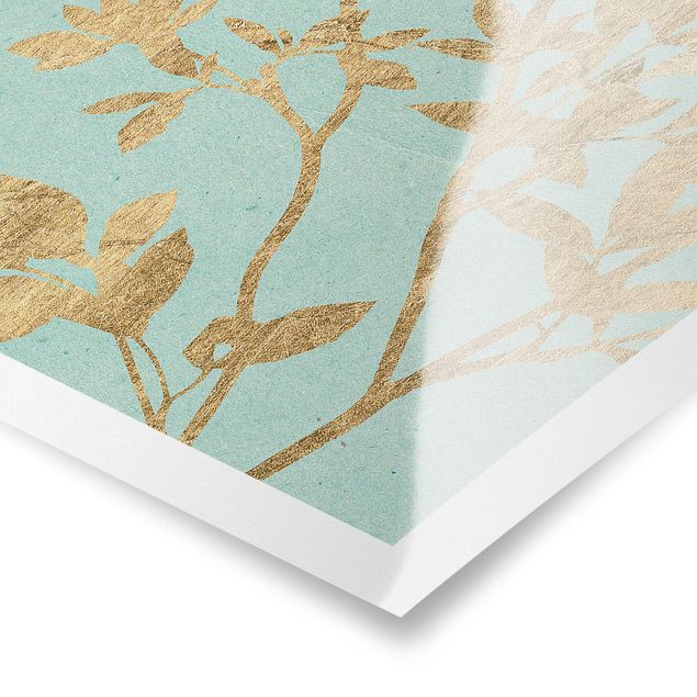 Posters Golden Leaves On Turquoise II