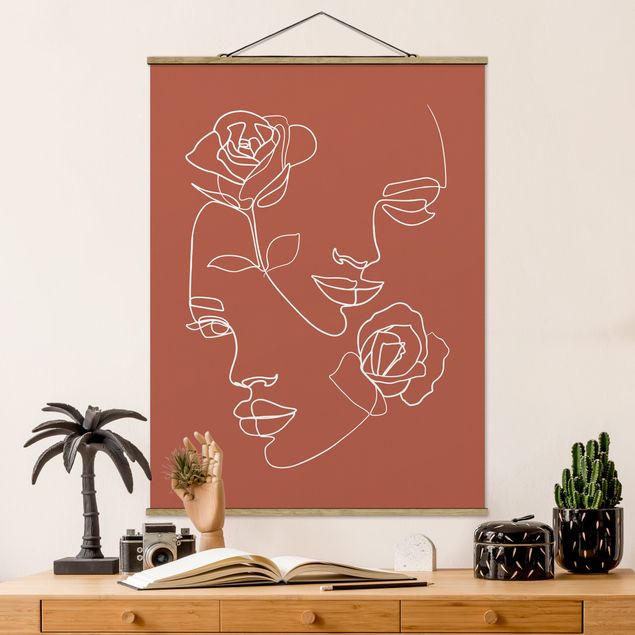 Stoffen schilderij met posterlijst Line Art Faces Women Roses Copper