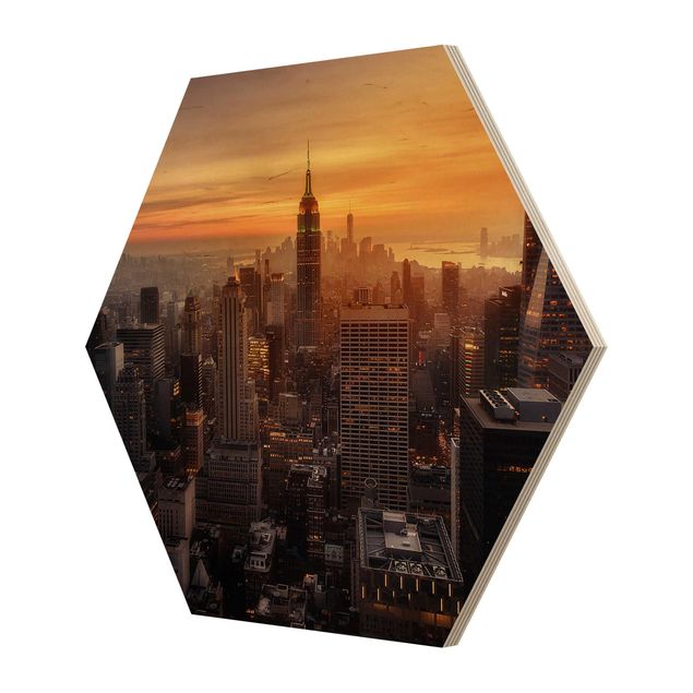Hexagons houten schilderijen Manhattan Skyline Evening