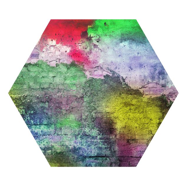 Hexagons Aluminium Dibond schilderijen Colourful Sprayed Old Brick Wall