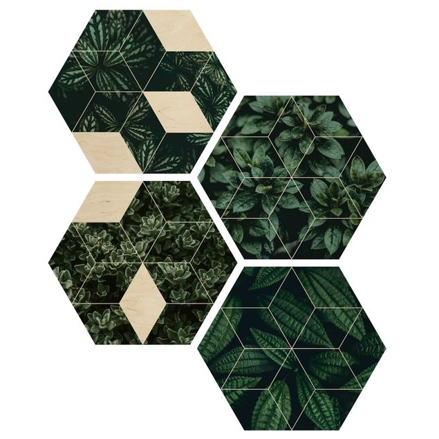 Hexagons houten schilderijen - 4-delig Green Leaves Geometry Set I