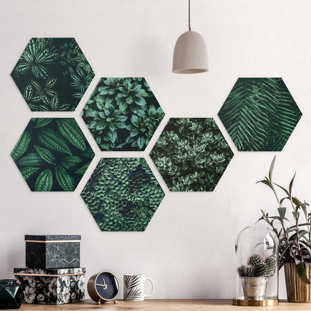 Hexagons Forex schilderijen - 6-delig Green Leaves Set II