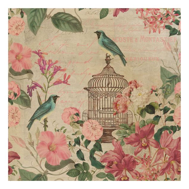 Houten schilderijen Shabby Chic Collage - Pink Flowers And Blue Birds
