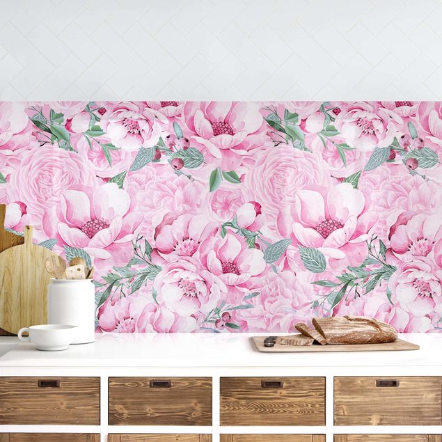 Achterwand voor keuken patroon Pink Flower Dream Pastel Roses In Watercolour