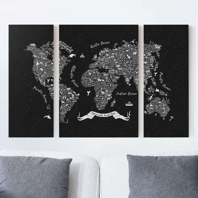 Canvas schilderijen - 3-delig Typography World Map Black
