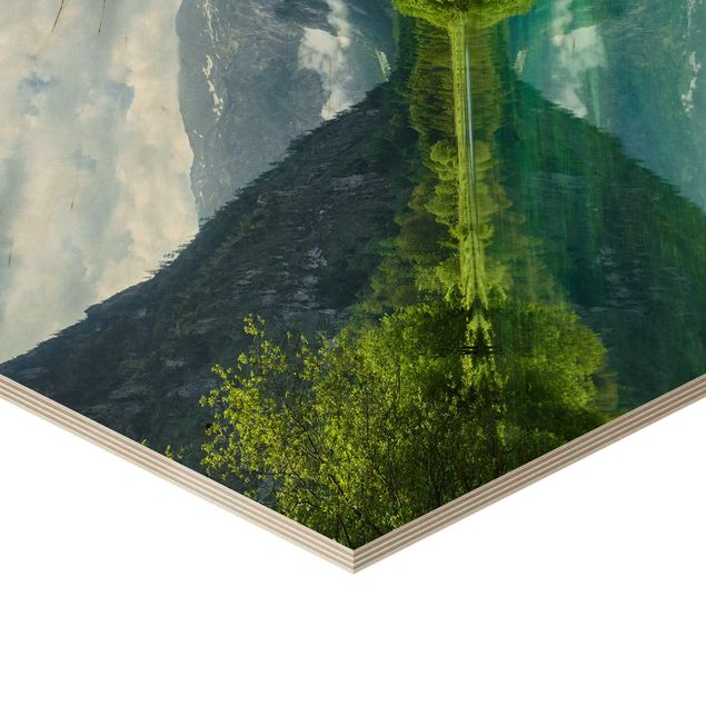 Hexagons houten schilderijen Mountain Lake With Water Reflection