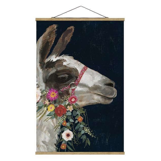 Stoffen schilderij met posterlijst Lama With Floral Decoration I