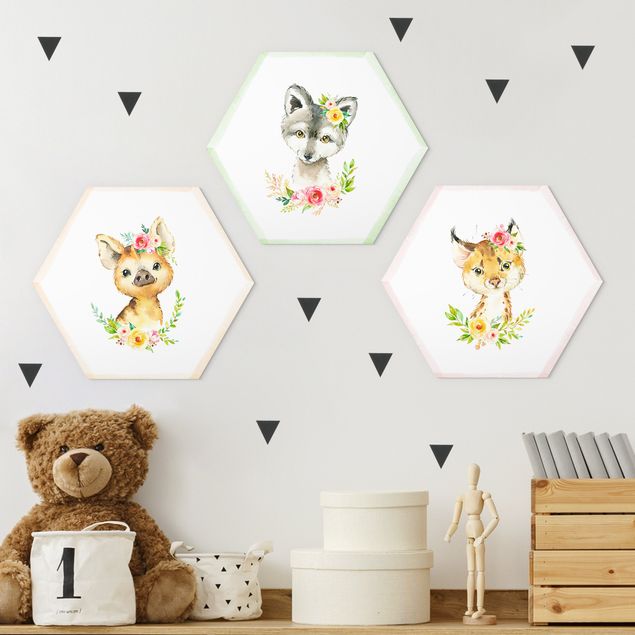 Hexagons Aluminium Dibond schilderijen - 3-delig Watercolour Forest Animals With Flowers Set II