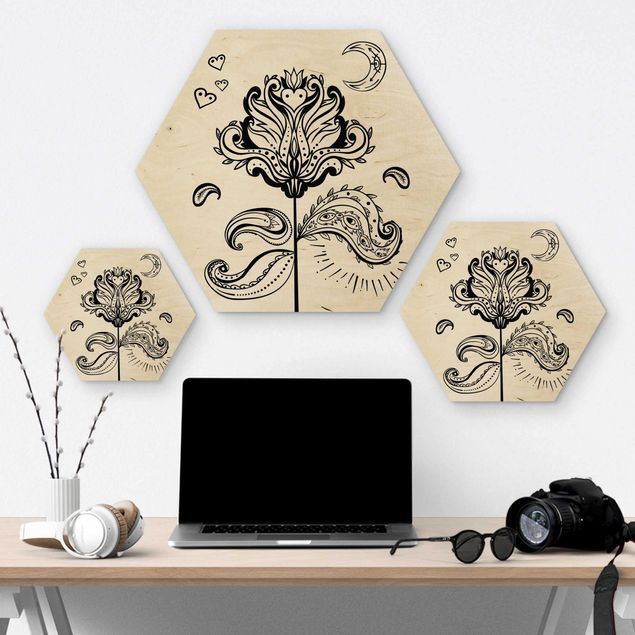 Hexagons houten schilderijen Lotus With Moon And Hearts