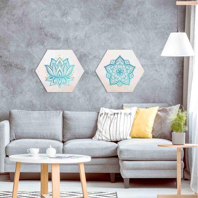 Hexagons Aluminium Dibond schilderijen - 2-delig Mandala Lotus Set Gold Blue