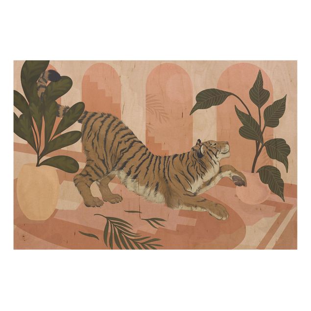 Houten schilderijen Illustration Tiger In Pastel Pink Painting