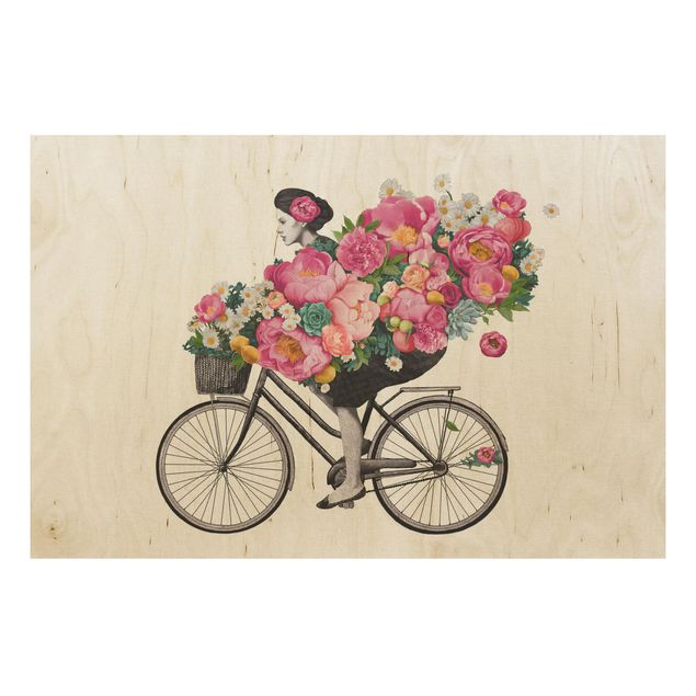 Houten schilderijen Illustration Woman On Bicycle Collage Colourful Flowers