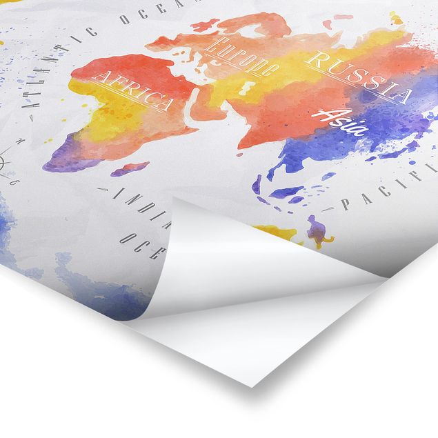 Posters World Map Watercolour Purple Red Yellow