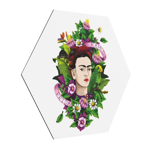 Hexagons Aluminium Dibond schilderijen Frida Kahlo - Frida, Monkey And Parrot