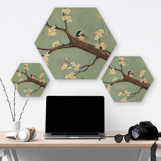 Hexagons houten schilderijen Titmouse On Cherry