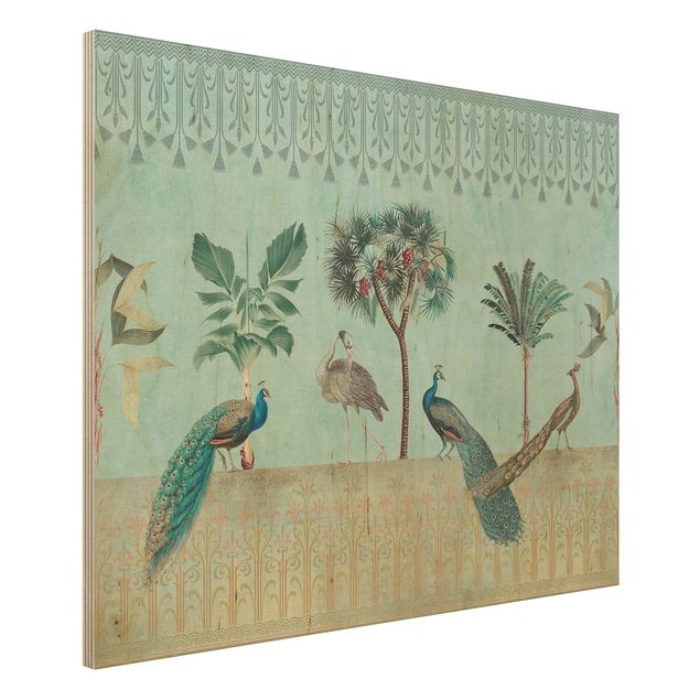 Houten schilderijen Vintage Collage - Tropical Bird With Palm Trees