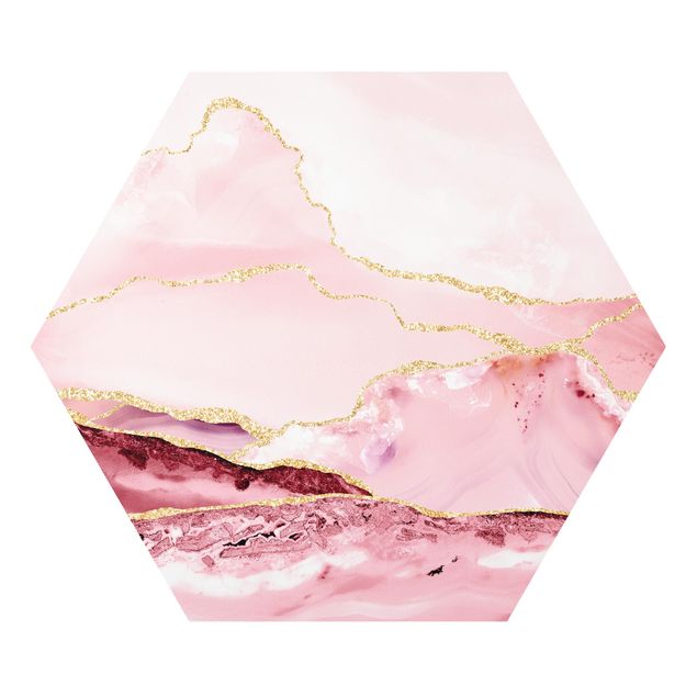 Hexagons Forex schilderijen Abstract Mountains Pink With Golden Lines