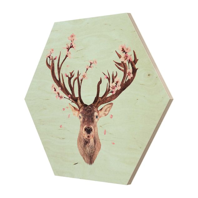 Hexagons houten schilderijen Deer With Cherry Blossoms