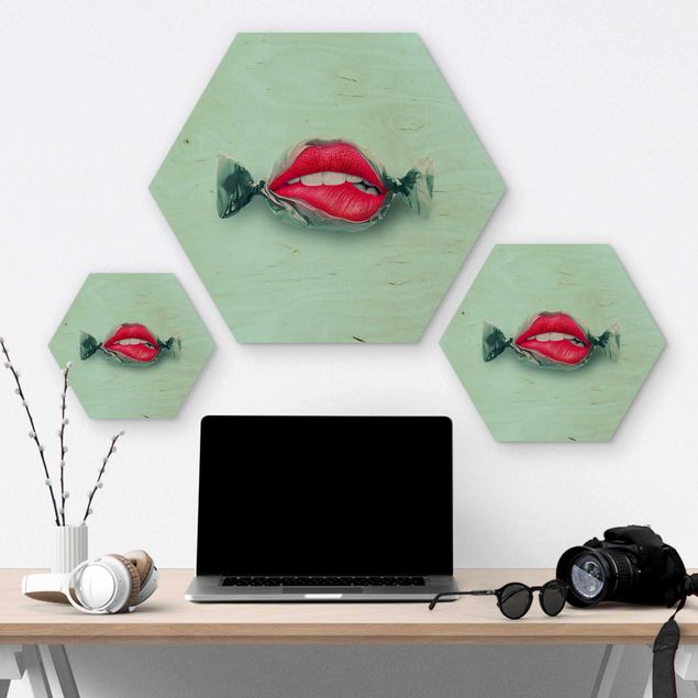 Hexagons houten schilderijen Candy With Lips