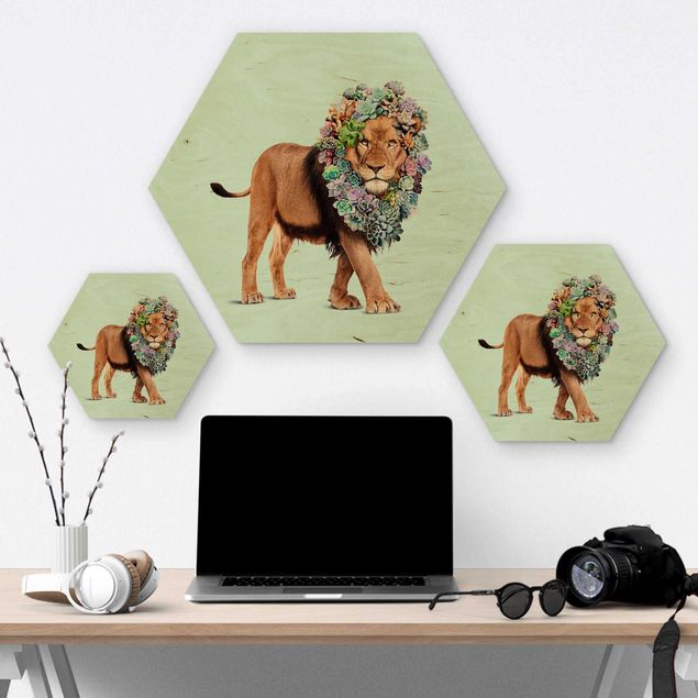 Hexagons houten schilderijen Lion With Succulents