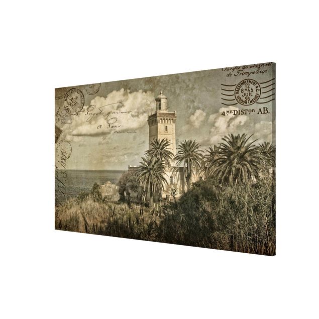 Magneetborden Vintage Postcard With Lighthouse And Palm Trees