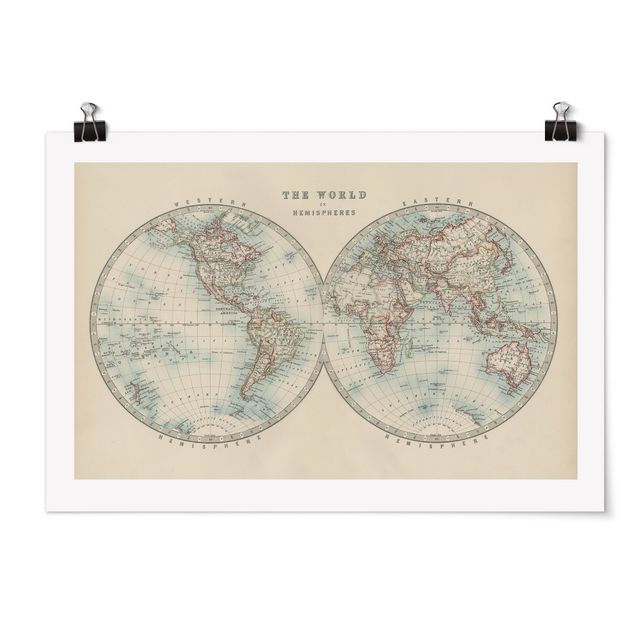 Posters Vintage World Map The Two Hemispheres
