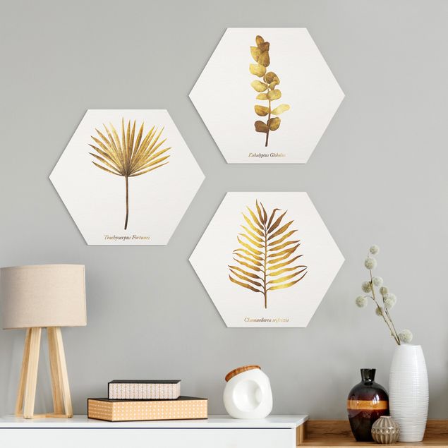 Hexagons Forex schilderijen - 3-delig Gold - Tropical Leaves Set I