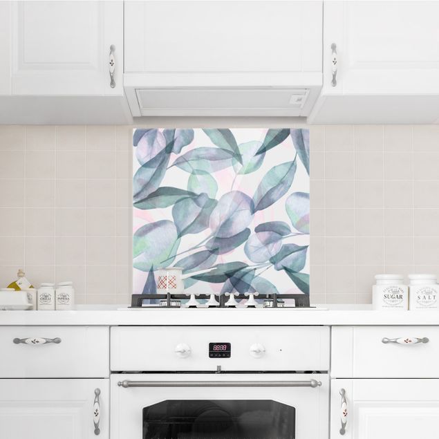 Spatscherm keuken Blue And Pink Eucalyptus Leaves Watercolour