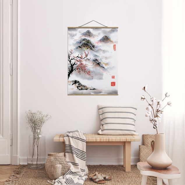 Stoffen schilderij met posterlijst Japanese Watercolour Drawing Cherry Tree And Mountains