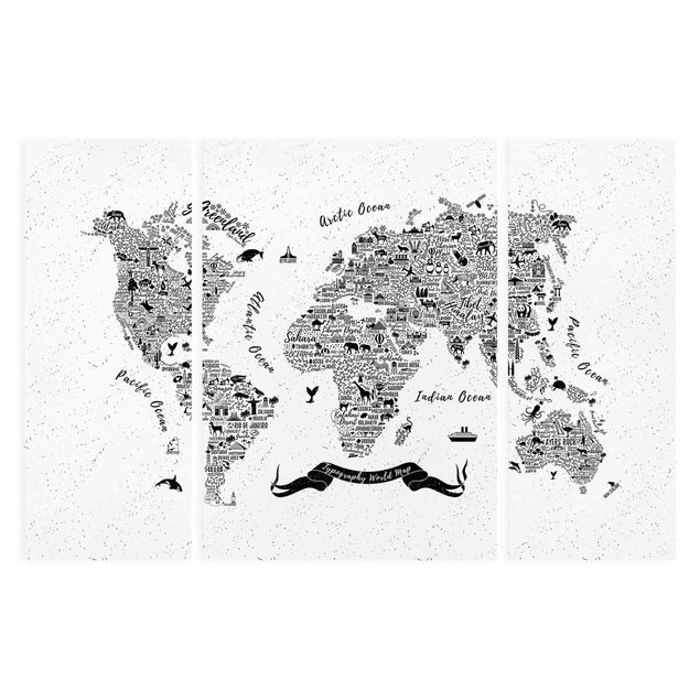 Canvas schilderijen - 3-delig Typography World Map White