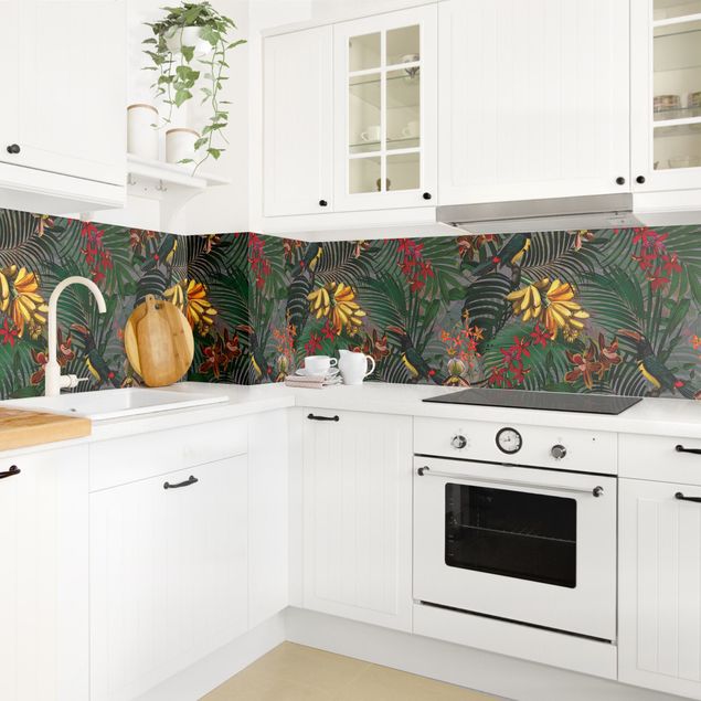 Achterwand voor keuken patroon Tropical Ferns With Tucan Green