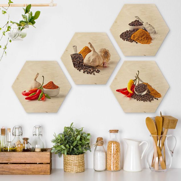 Hexagons houten schilderijen - 4-delig Chili garlic and spices - Sets