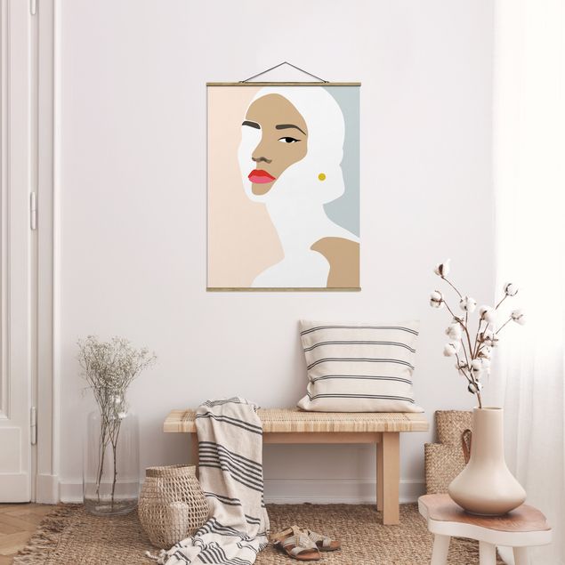 Stoffen schilderij met posterlijst Line Art Portrait Woman Pastel Grey