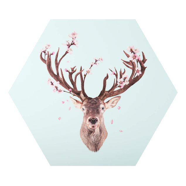Hexagons Aluminium Dibond schilderijen Deer With Cherry Blossoms