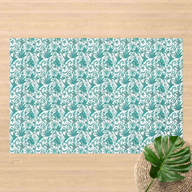 moderne vloerkleden Watercolour Hummingbird And Plant Silhouettes Pattern In Turquoise
