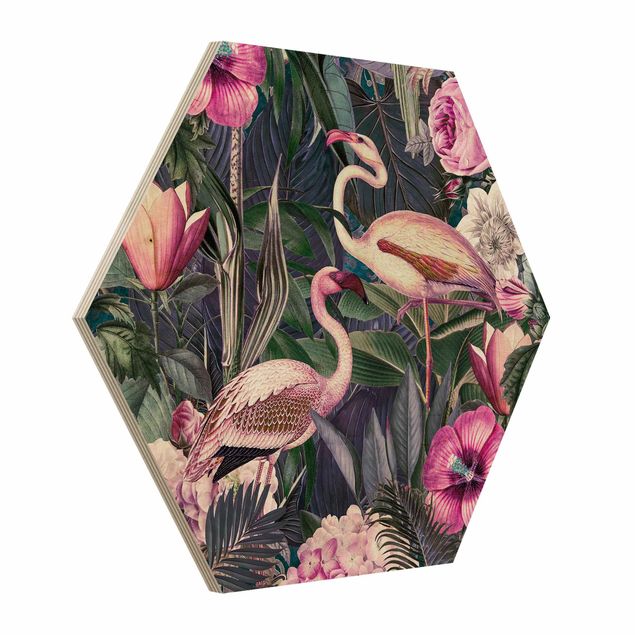 Hexagons houten schilderijen Colorful Collage - Pink Flamingos In The Jungle