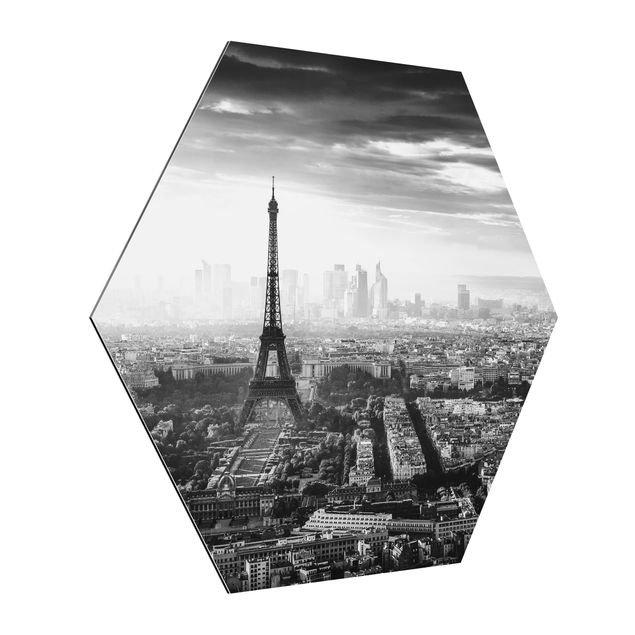 Hexagons Aluminium Dibond schilderijen The Eiffel Tower From Above Black And White