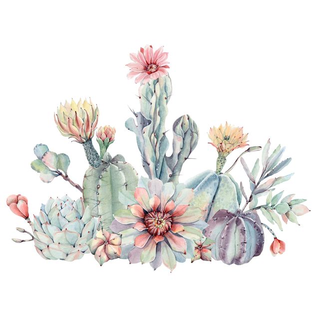 Muurstickers Watercolour Cactus Flower Bouquet XXL
