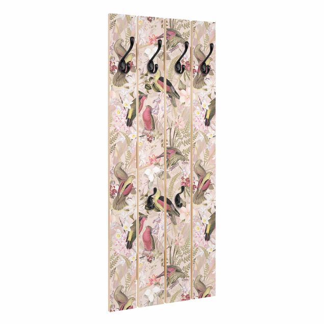 Wandkapstokken houten pallet Pink Pastel Birds With Flowers
