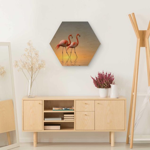 Hexagons houten schilderijen Flamingo Love