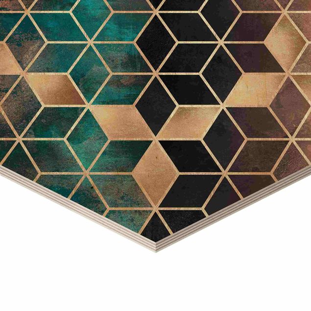 Hexagons houten schilderijen - 2-delig Turquoise Geometry Golden Art Deco Set