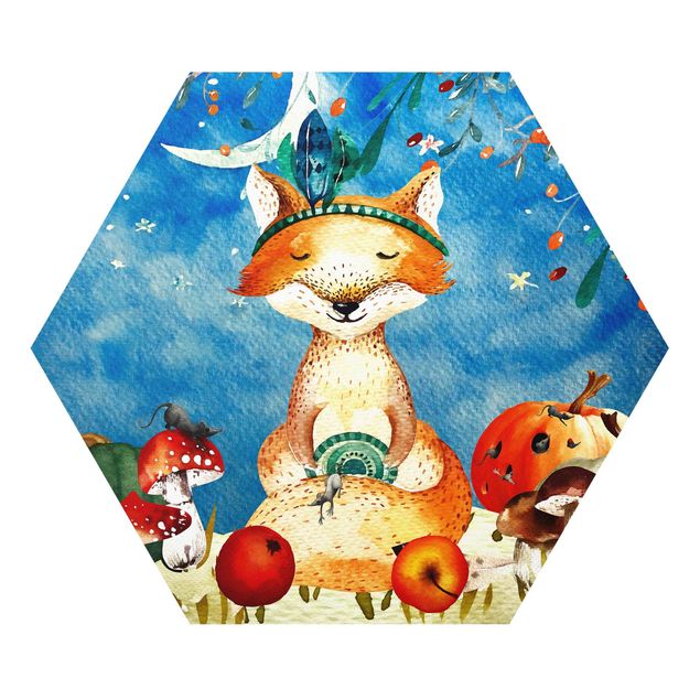 Hexagons Forex schilderijen Watercolor Fox In The Moonlight