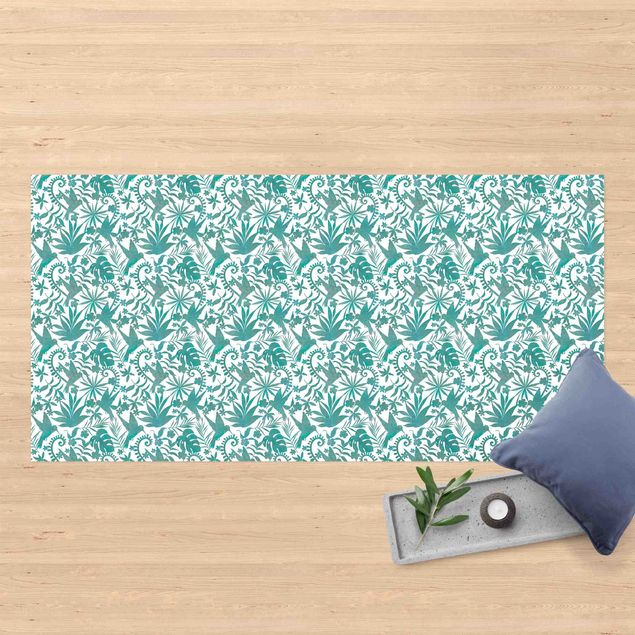 loper vloerkleed Watercolour Hummingbird And Plant Silhouettes Pattern In Turquoise