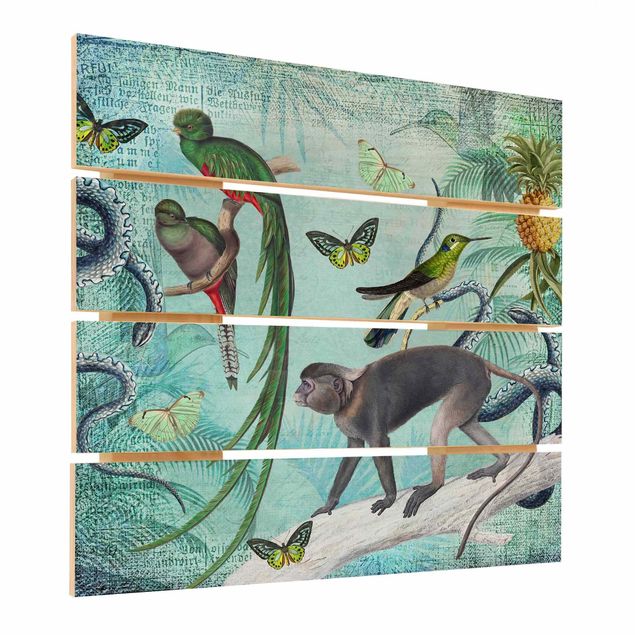 Houten schilderijen op plank Colonial Style Collage - Monkeys And Birds Of Paradise